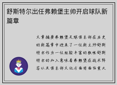 舒斯特尔出任弗赖堡主帅开启球队新篇章 舒斯特尔出任弗赖堡主帅开启球队新篇章